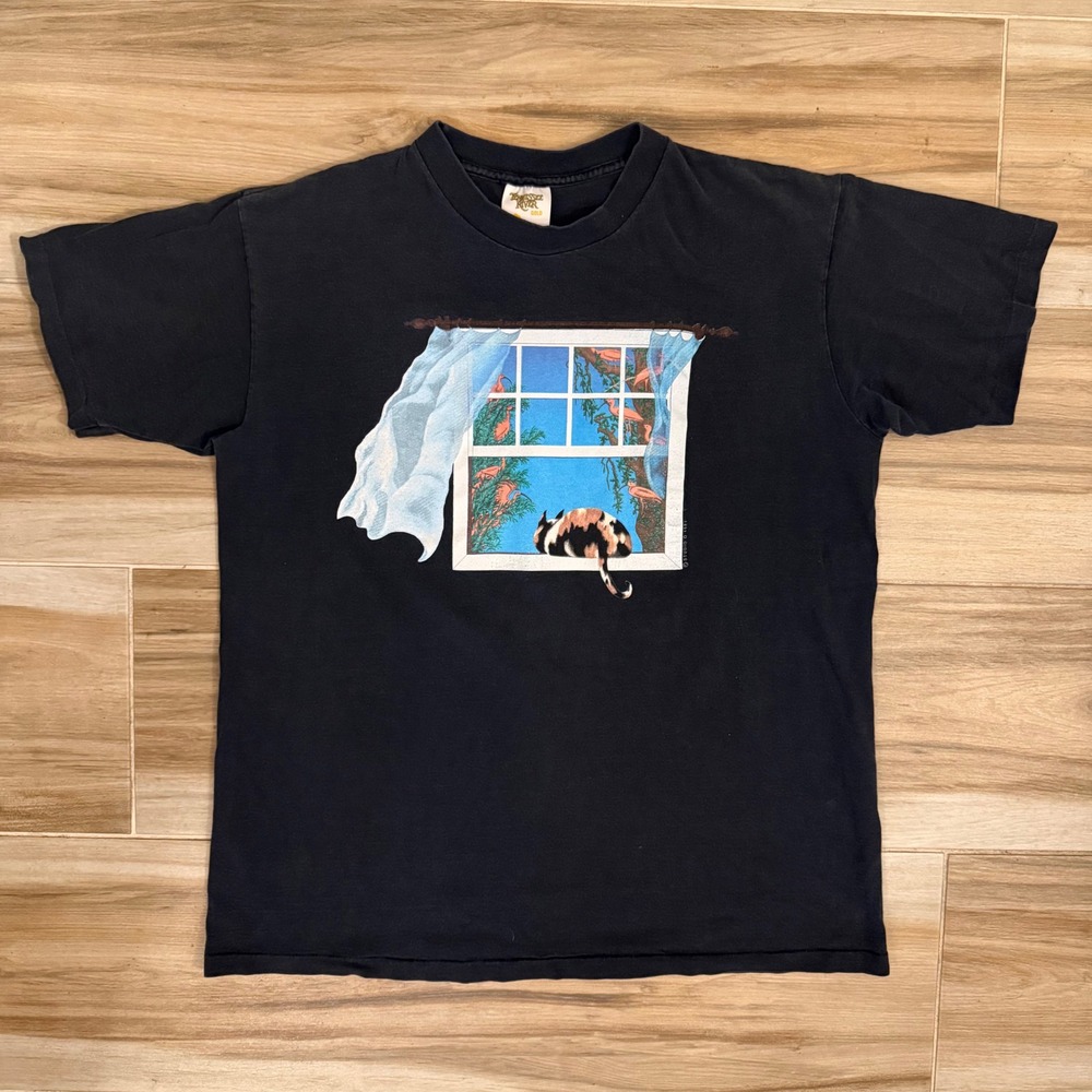 Vintage 1991 Studio Q Calico Cat Window Graphic Tee Tennessee River Gold XL
